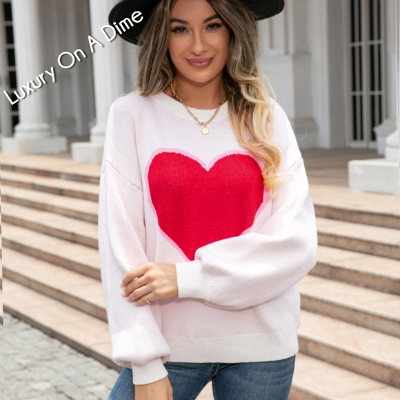 Knit Heart Contrasting Classic Round Neck Pullover Top Long Sleeve Sweater Shirt - Picture 2 of 8